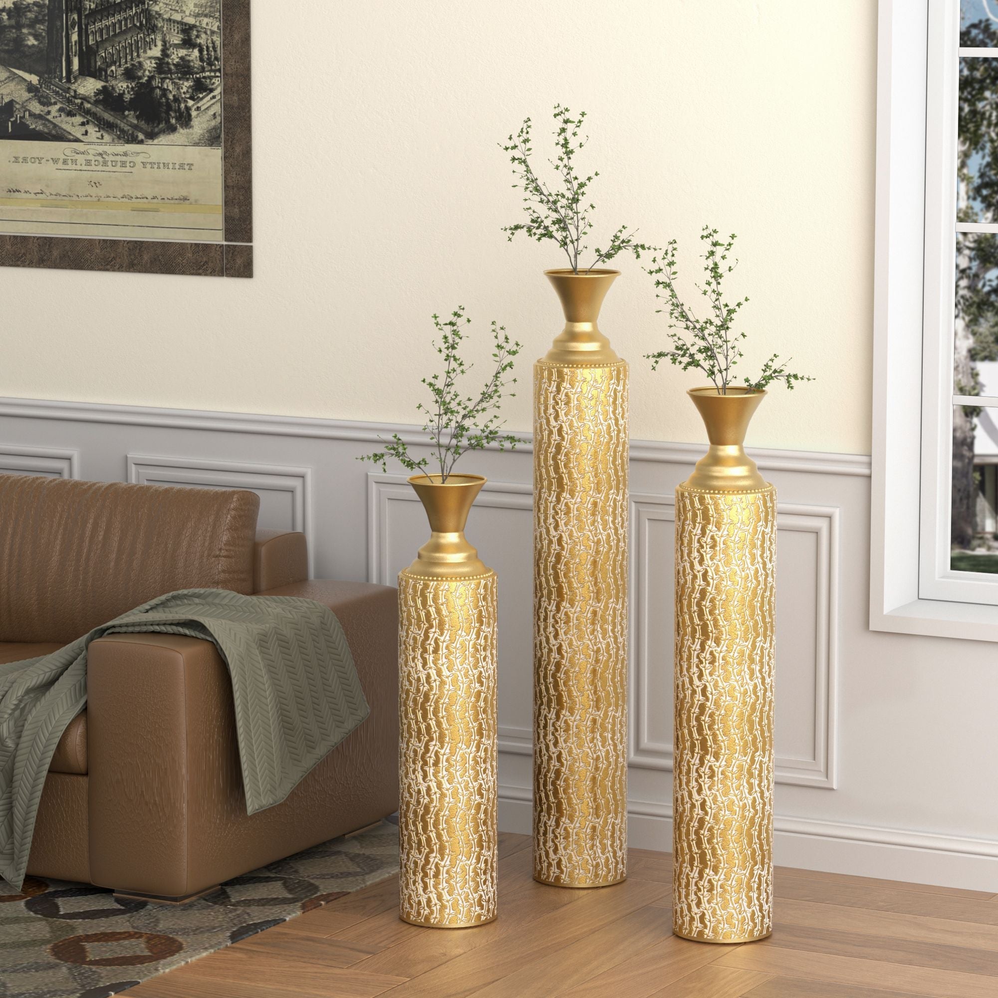 High distress metal center vases set of 3 vases in Gold Secondary image