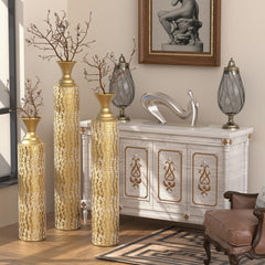 High distress metal center vases set of 3 vases in Gold