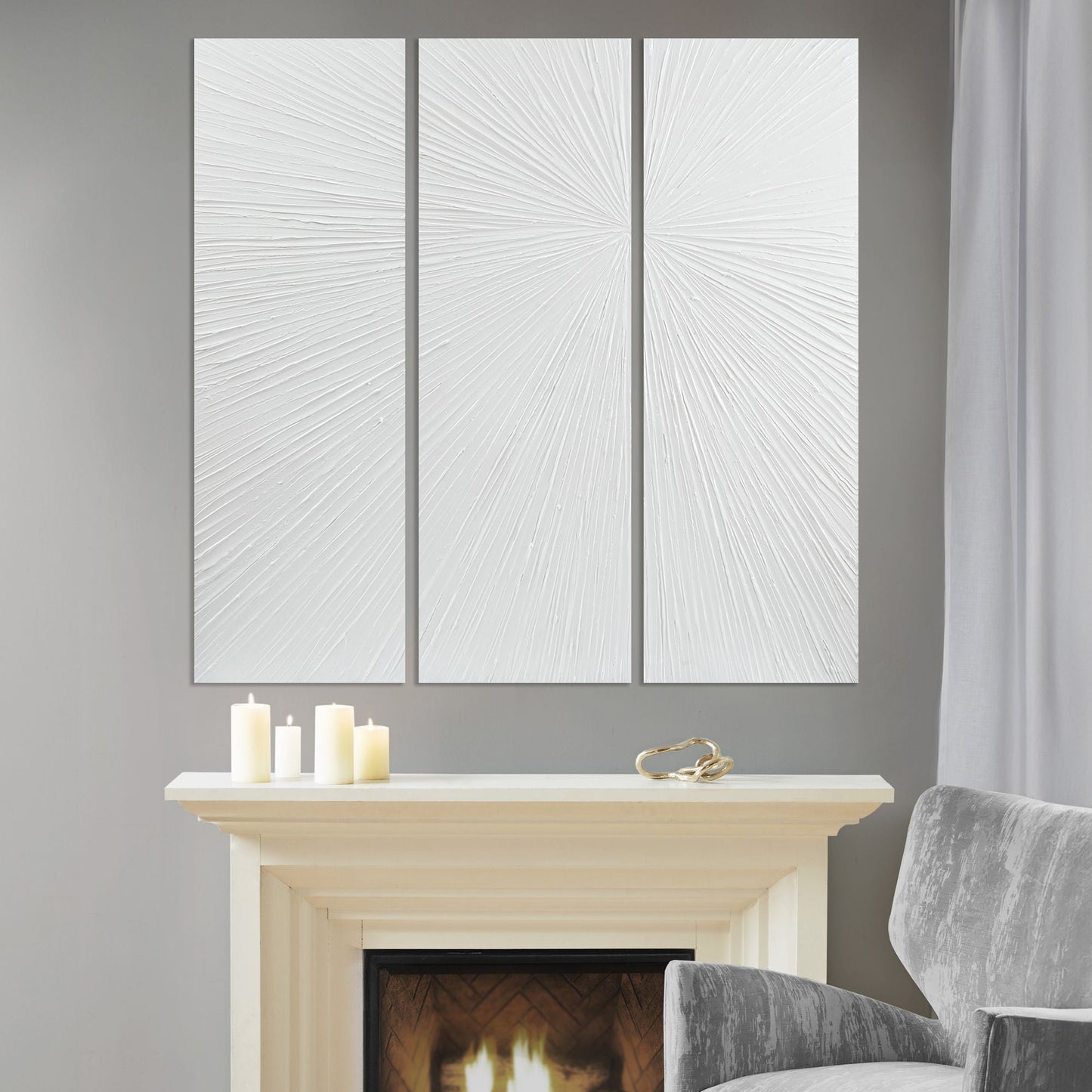 Sunburst Hand Painted Triptych 3-piece Dimensional Resin Wall Art Set in White