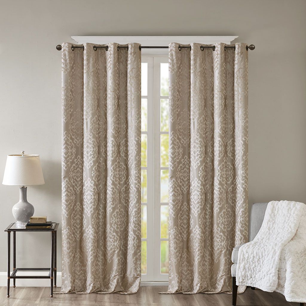 Mirage Knitted Jacquard Damask Total Blackout Grommet Top Curtain Panels - Set of 2