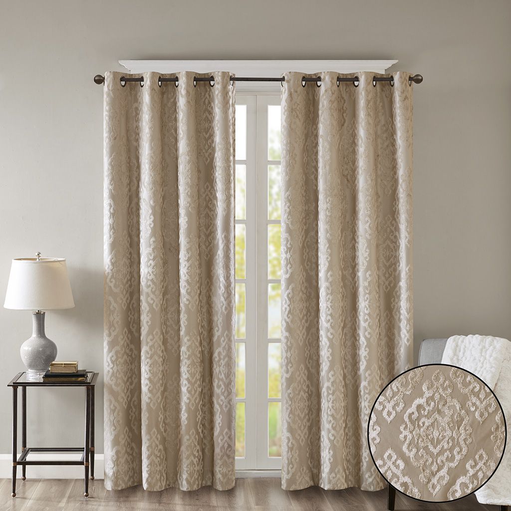 Mirage Knitted Jacquard Damask Total Blackout Grommet Top Curtain Panels - Set of 2