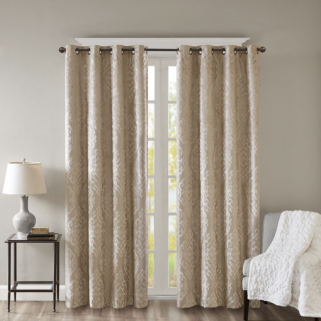 Mirage Knitted Jacquard Damask Total Blackout Grommet Top Curtain Panels - Set of 2