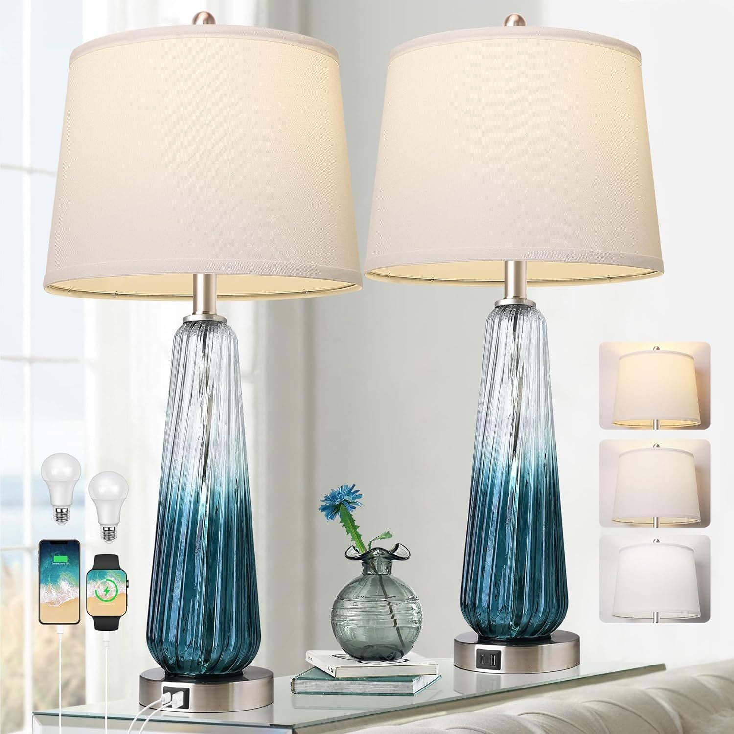 3-Way Dimmable Modern Glass Table Lamps with 2 USB Ports Main image