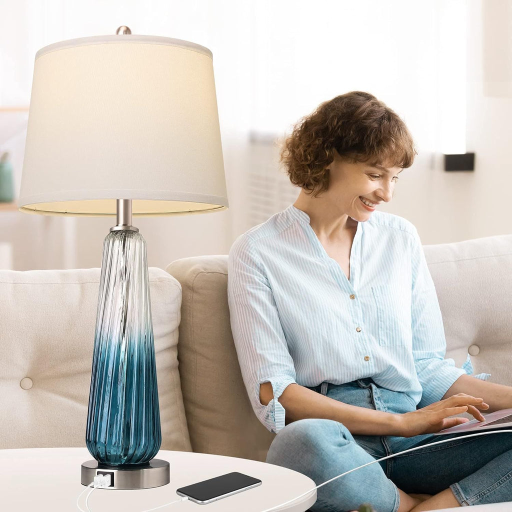 3-Way Dimmable Modern Glass Table Lamps with 2 USB Ports