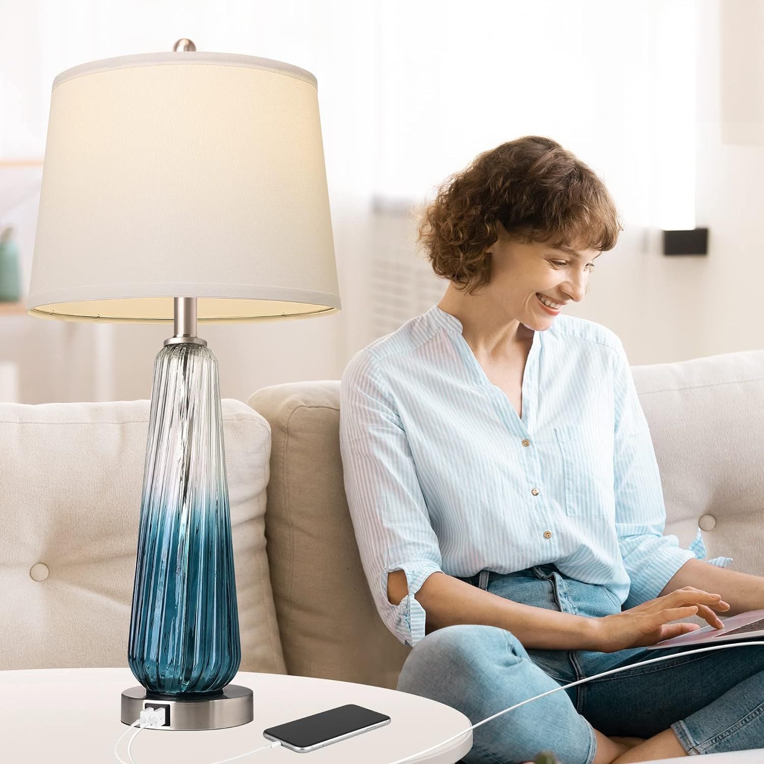 3-Way Dimmable Modern Glass Table Lamps with 2 USB Ports