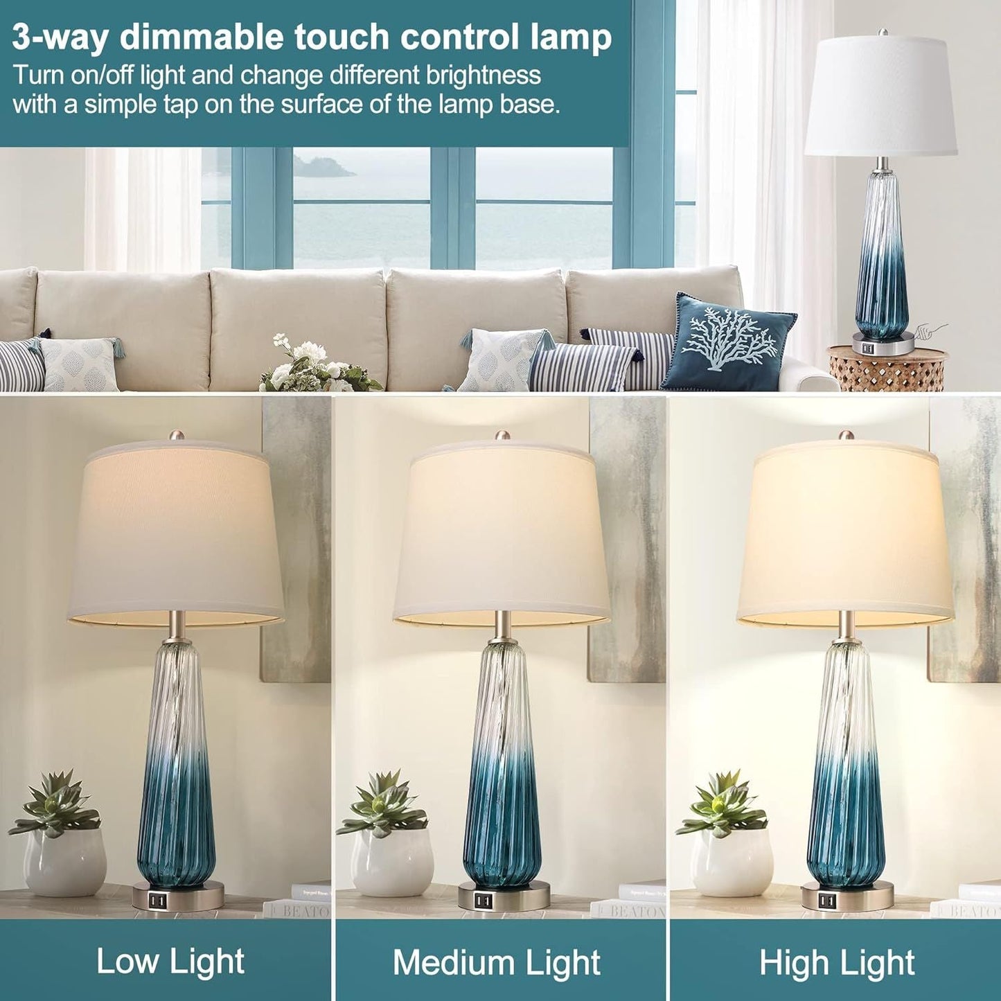 3-Way Dimmable Modern Glass Table Lamps with 2 USB Ports