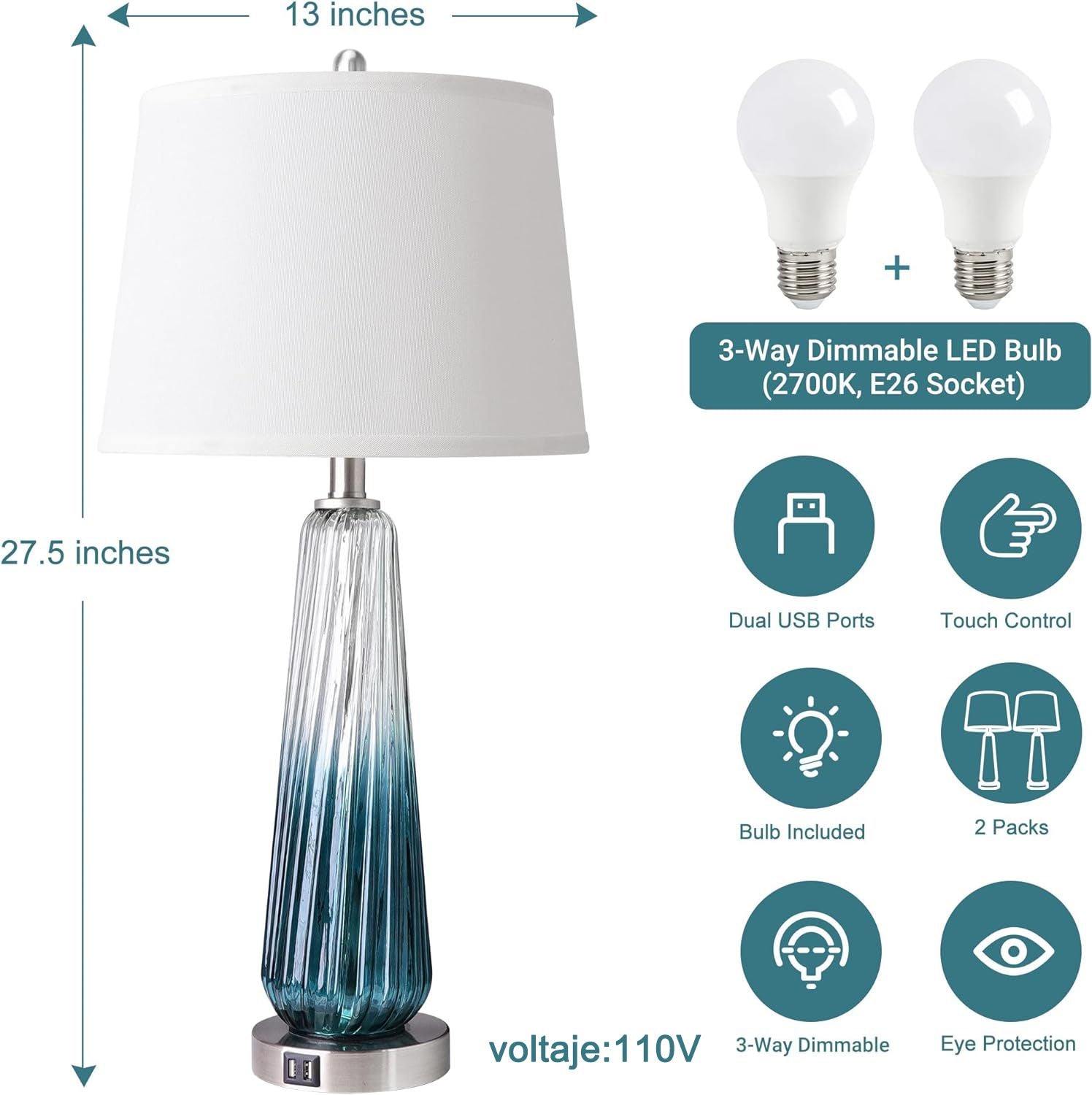 3-Way Dimmable Modern Glass Table Lamps with 2 USB Ports