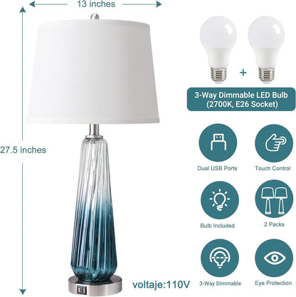 3-Way Dimmable Modern Glass Table Lamps with 2 USB Ports