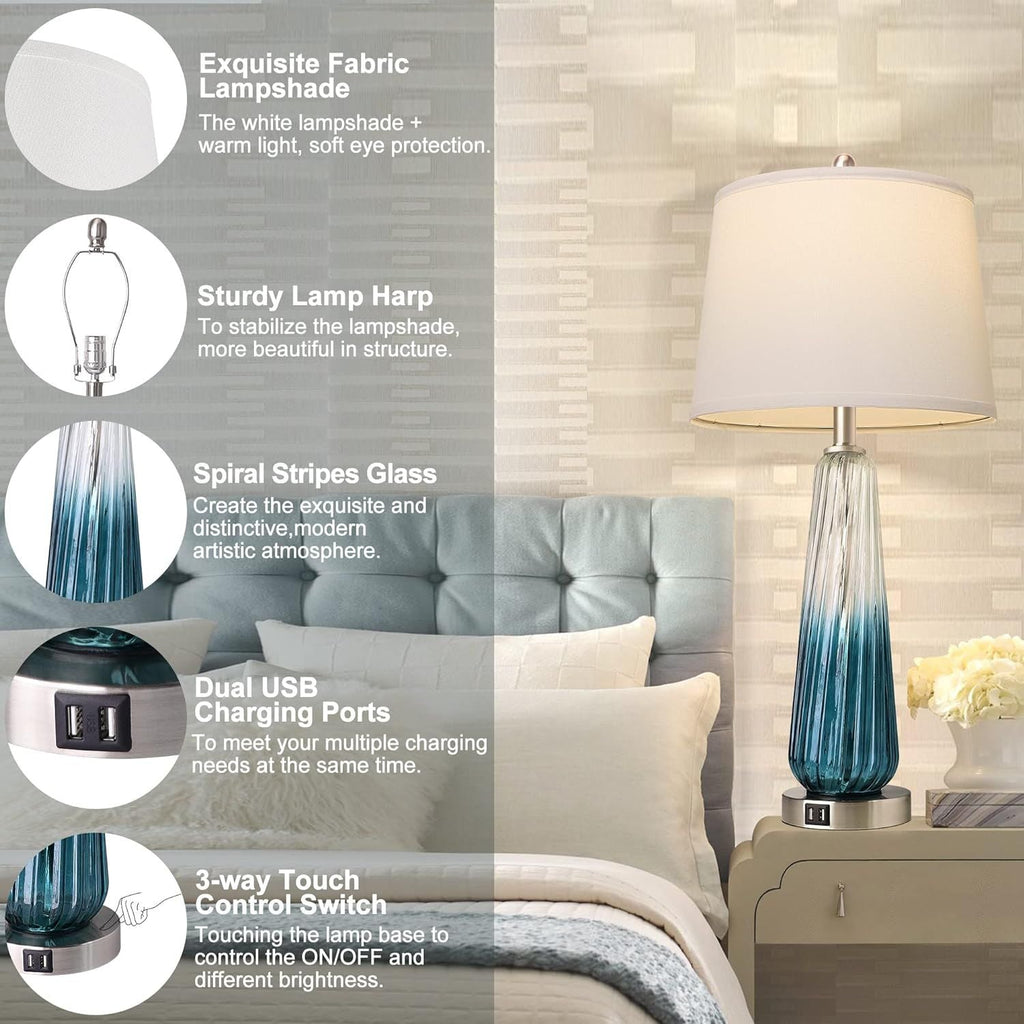 3-Way Dimmable Modern Glass Table Lamps with 2 USB Ports