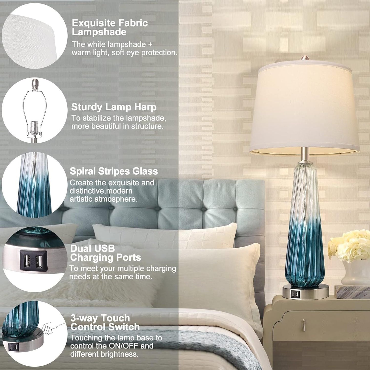 3-Way Dimmable Modern Glass Table Lamps with 2 USB Ports