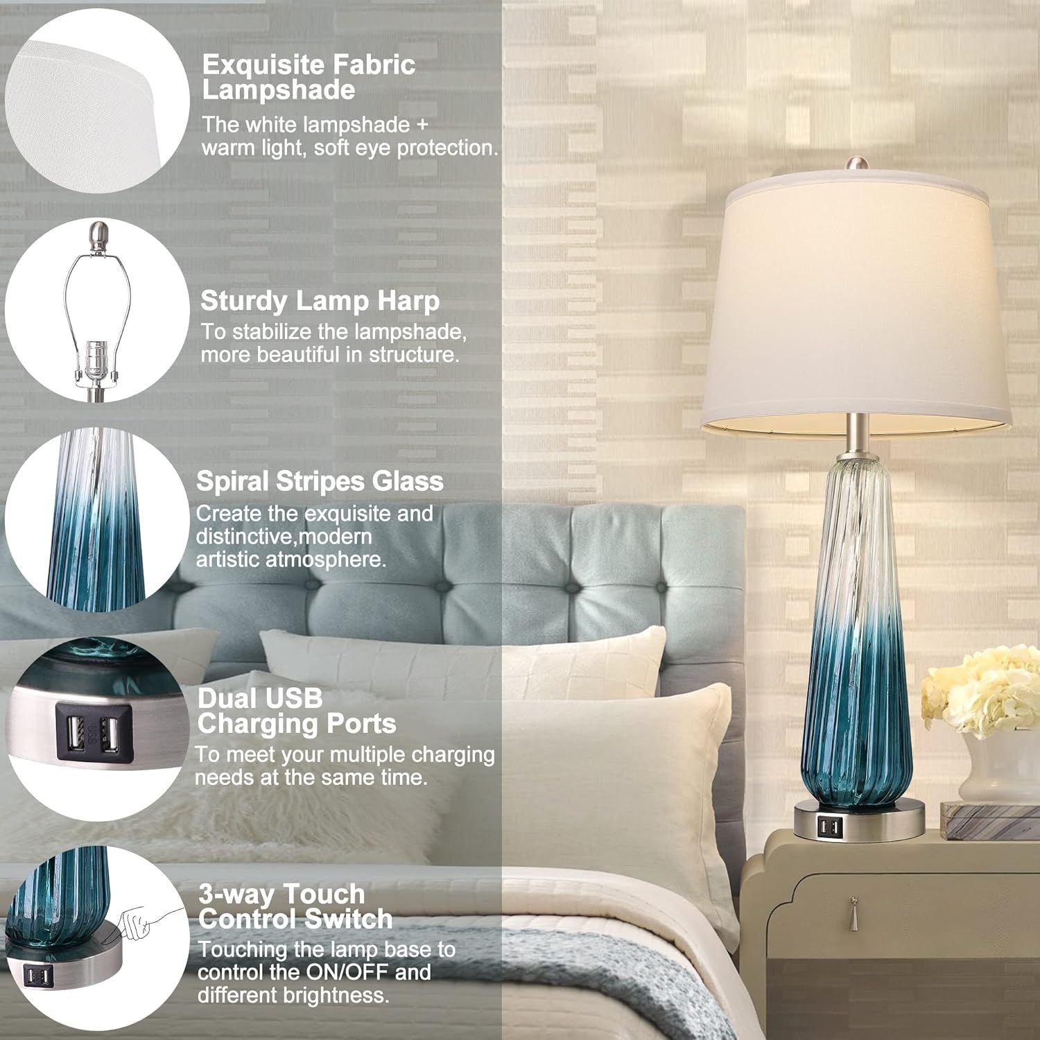 3-Way Dimmable Modern Glass Table Lamps with 2 USB Ports
