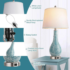Blue Table Lamps with USB A+C Ports, 26" Set of 2