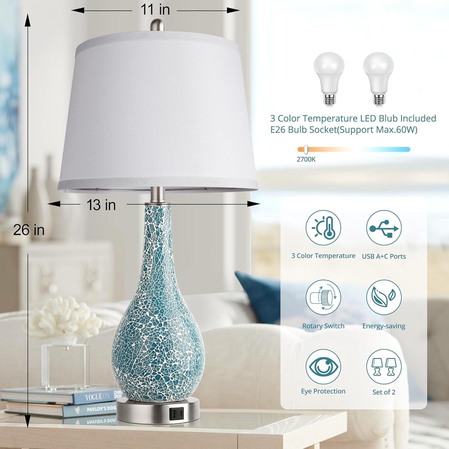 Blue Table Lamps with USB A+C Ports, 26" Set of 2 Secondary image