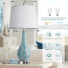 Blue Table Lamps with USB A+C Ports, 26" Set of 2