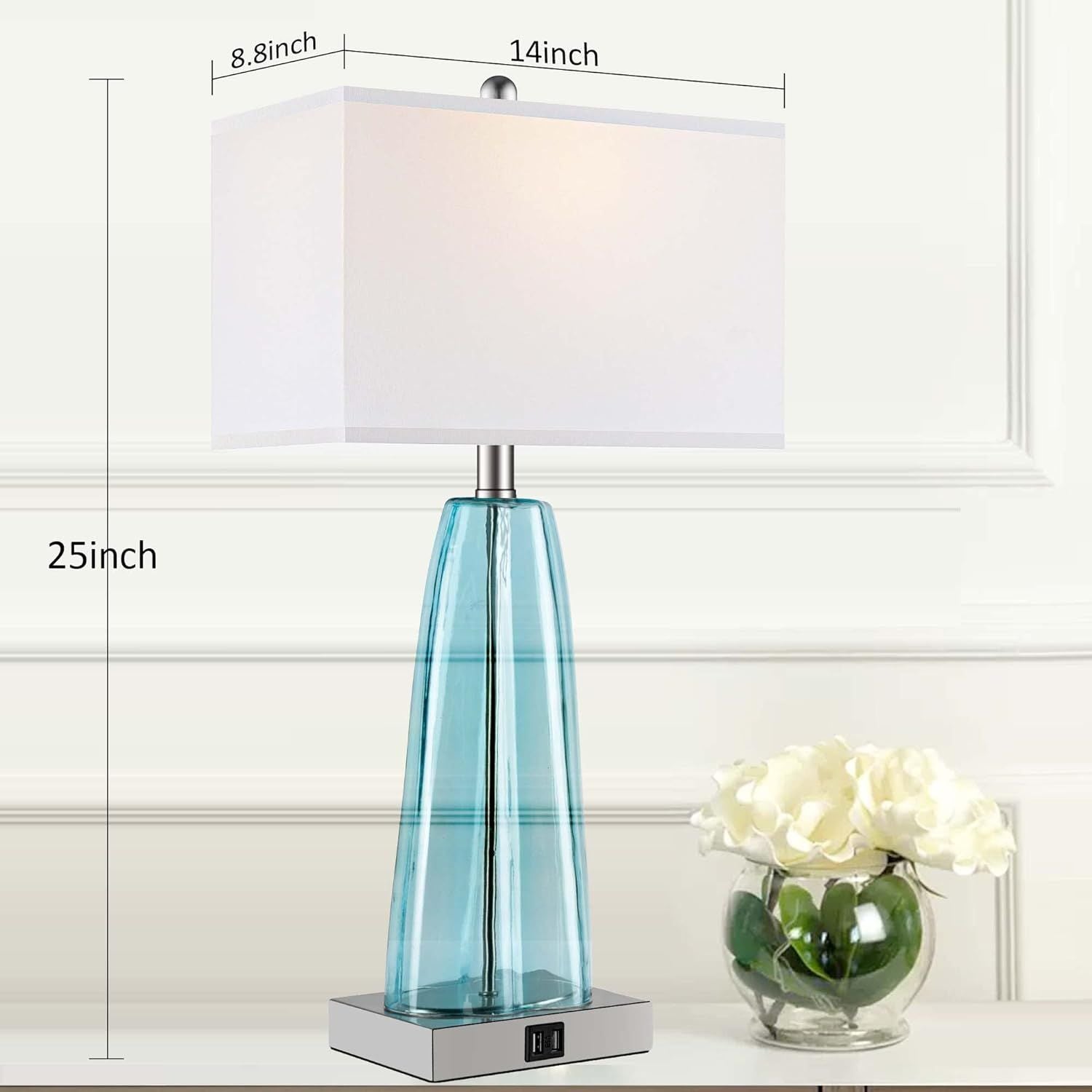 Contemporary Blue Green Glass Bedside Lamp with 2 USB Ports and Touch Control