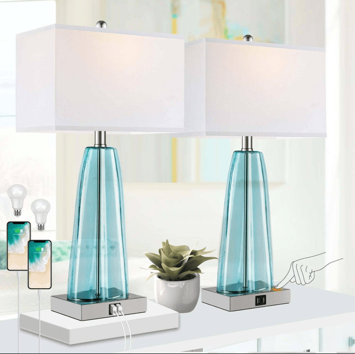 Contemporary Blue Green Glass Bedside Lamp with 2 USB Ports and Touch Control Main image