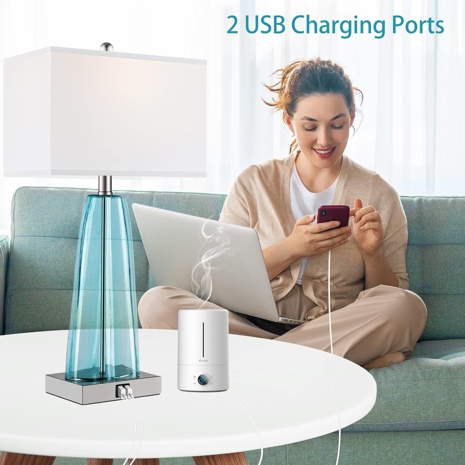 Contemporary Blue Green Glass Bedside Lamp with 2 USB Ports and Touch Control