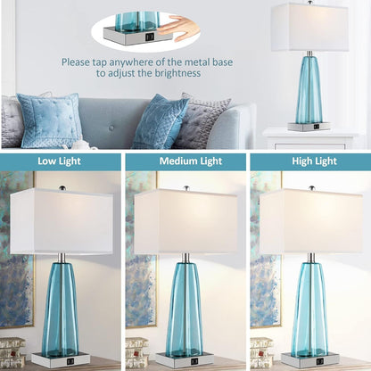 Contemporary Blue Green Glass Bedside Lamp with 2 USB Ports and Touch Control