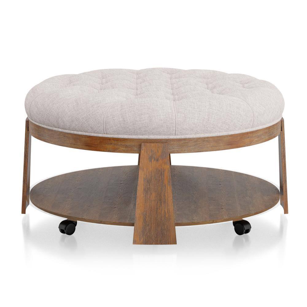 Deep Tufted Ottoman Seat with Open Shelf, Natural