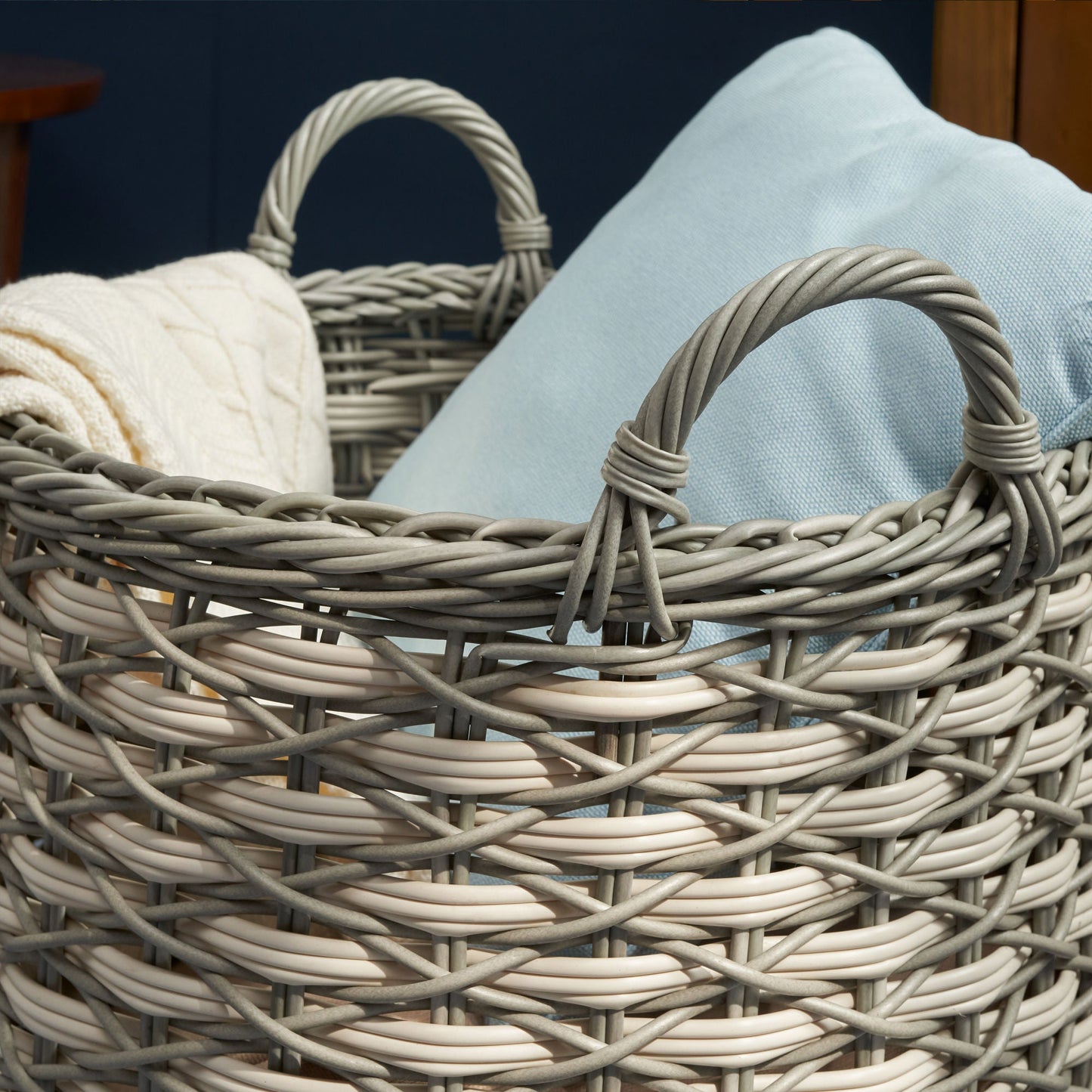 Round Resin Woven Wicker Storage Basket with Handles