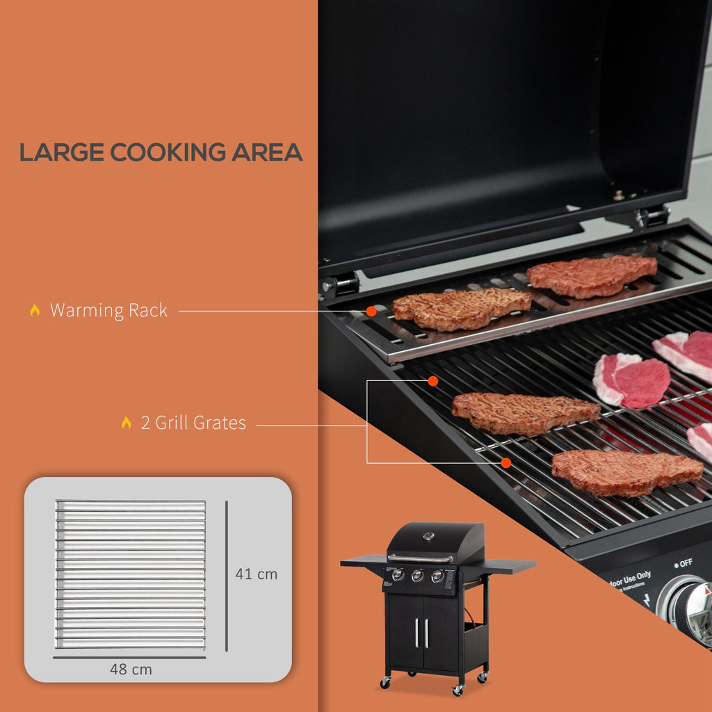 3 Burner Gas Grill Portable BBQ with Wheels in Black