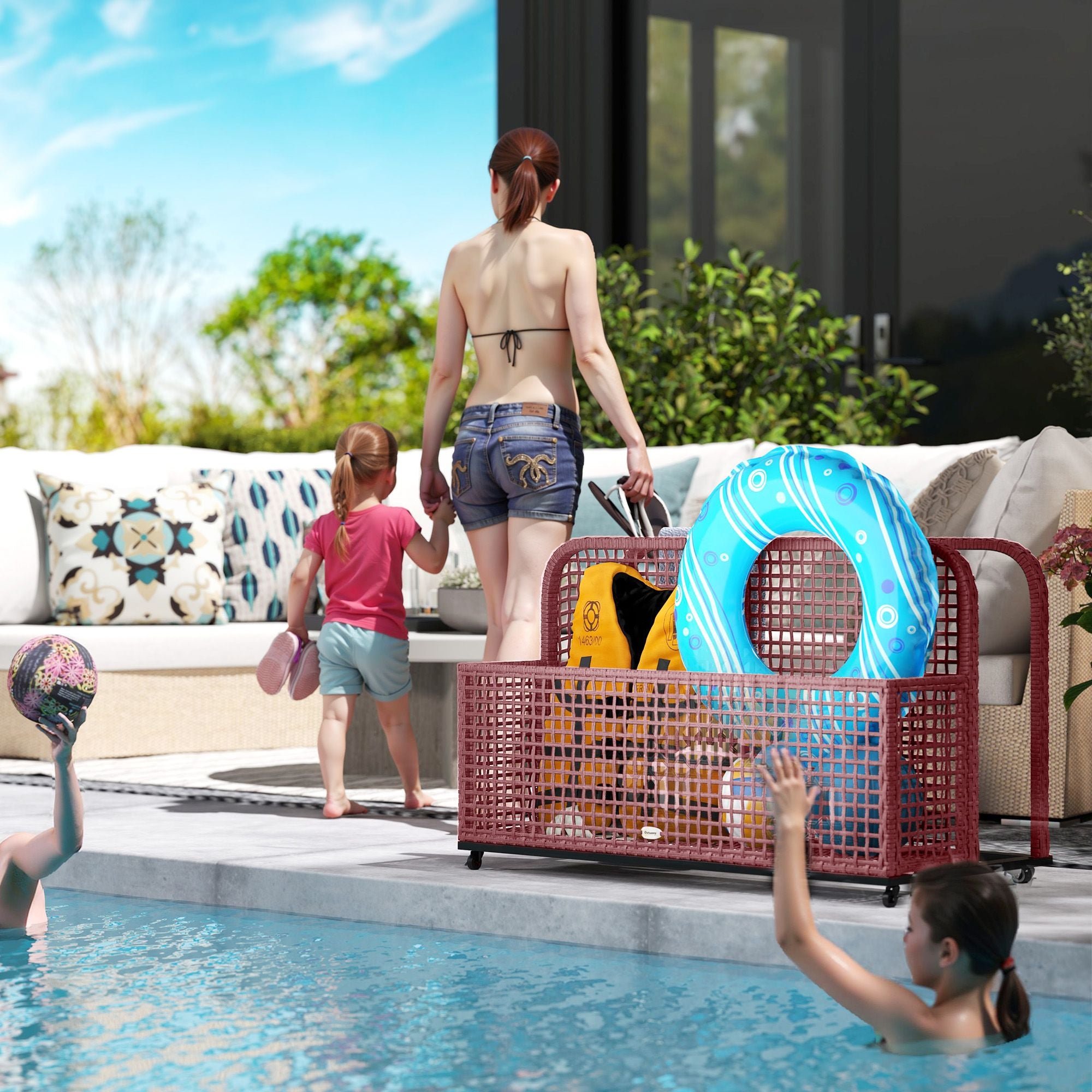 Rattan Pool Float Storage Organizer with Wheels, Mixed Brown