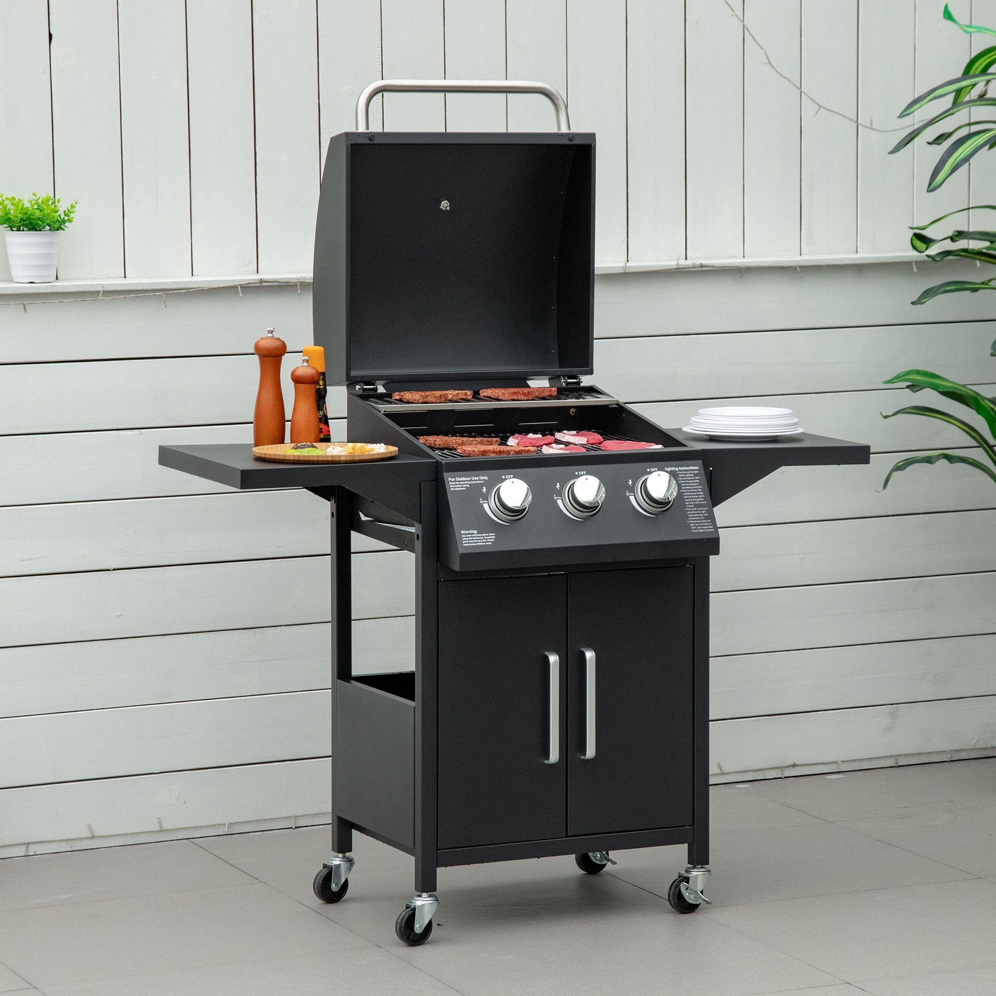 3 Burner Gas Grill Portable BBQ with Wheels in Black
