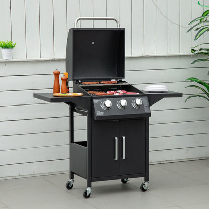 3 Burner Gas Grill Portable BBQ with Wheels in Black