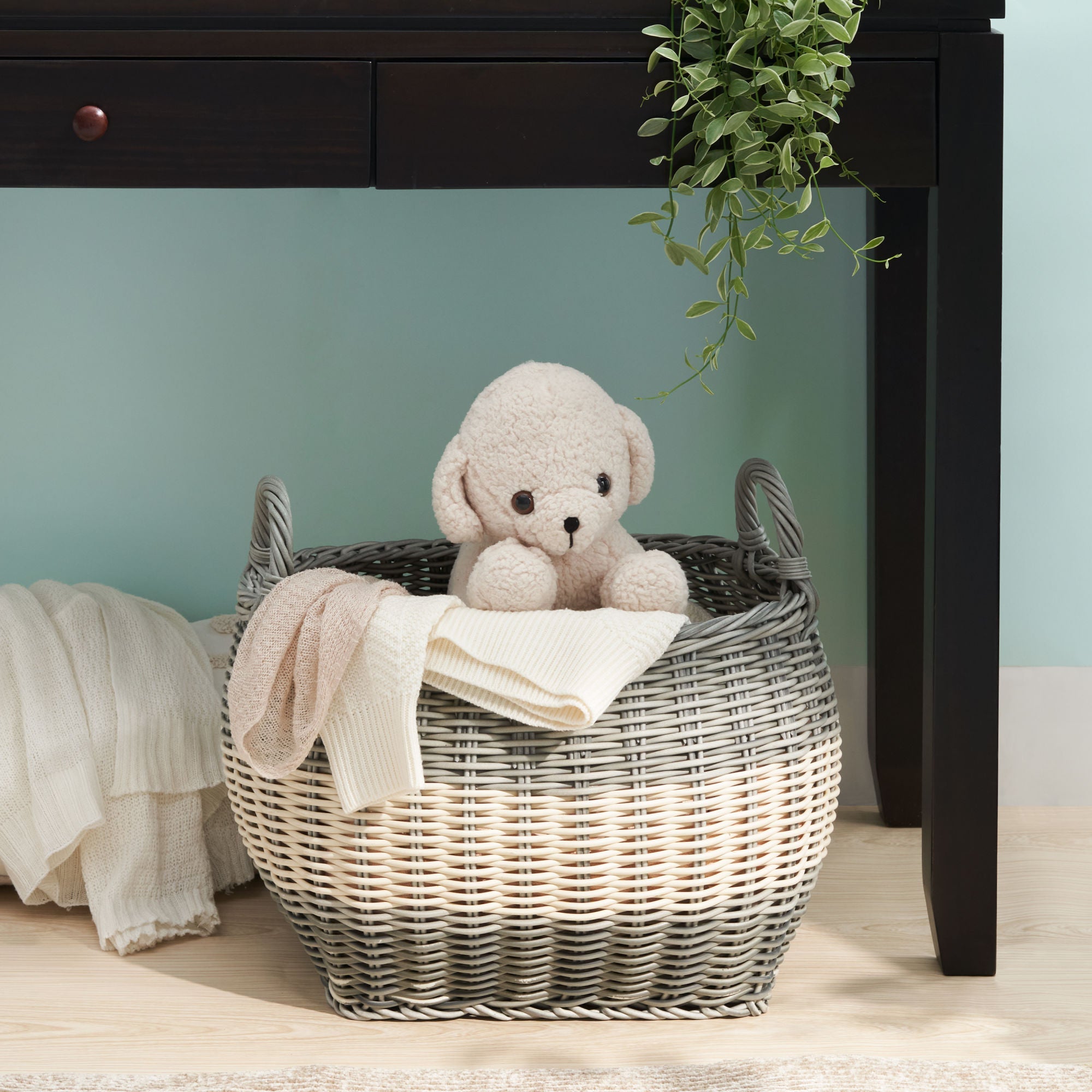 Oval Resin Woven Wicker Multi-Use Storage Basket with Handles Secondary image