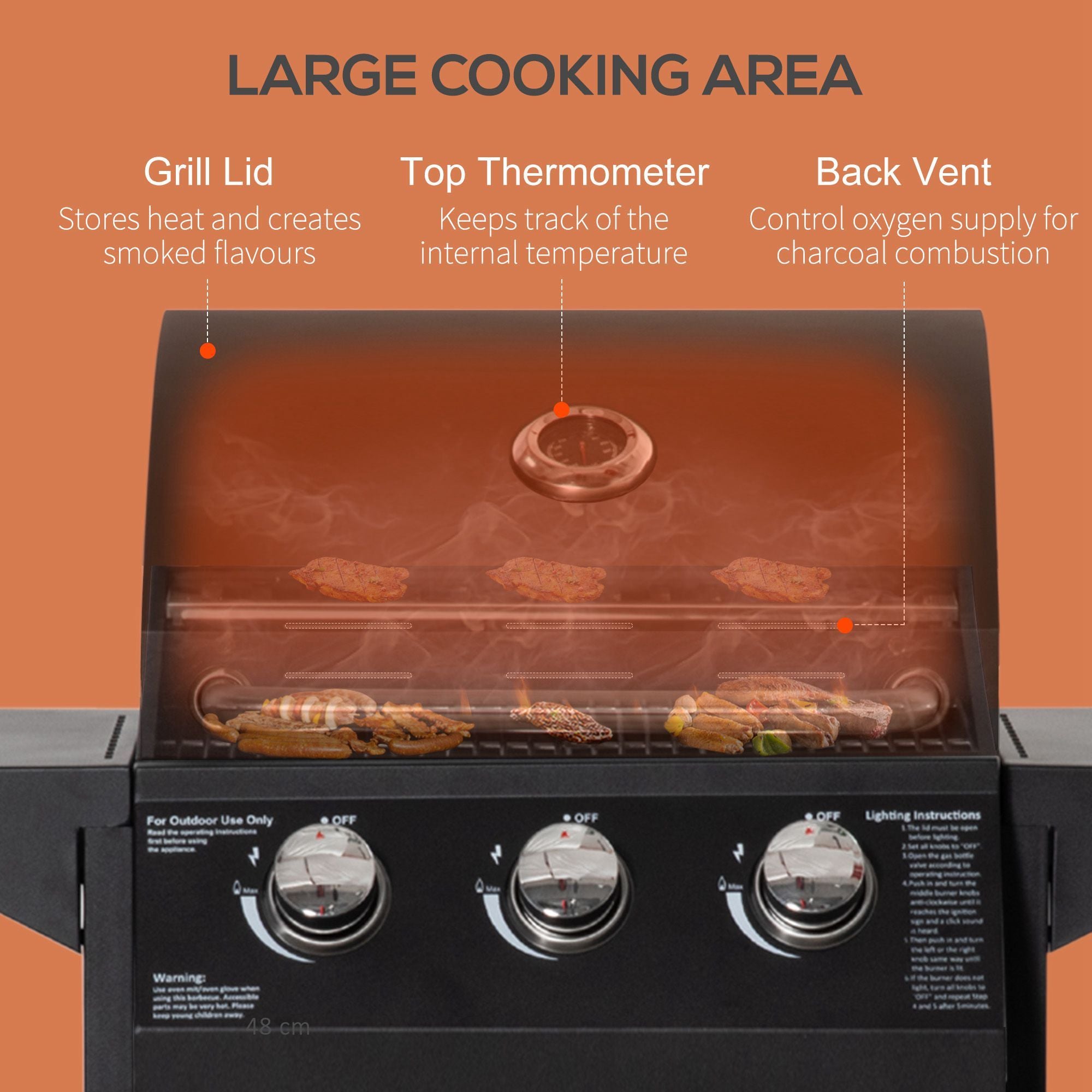 3 Burner Gas Grill Portable BBQ with Wheels in Black