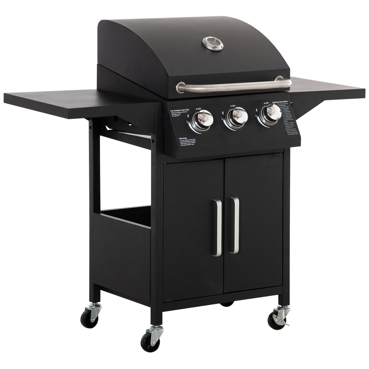 3 Burner Gas Grill Portable BBQ with Wheels in Black Black
