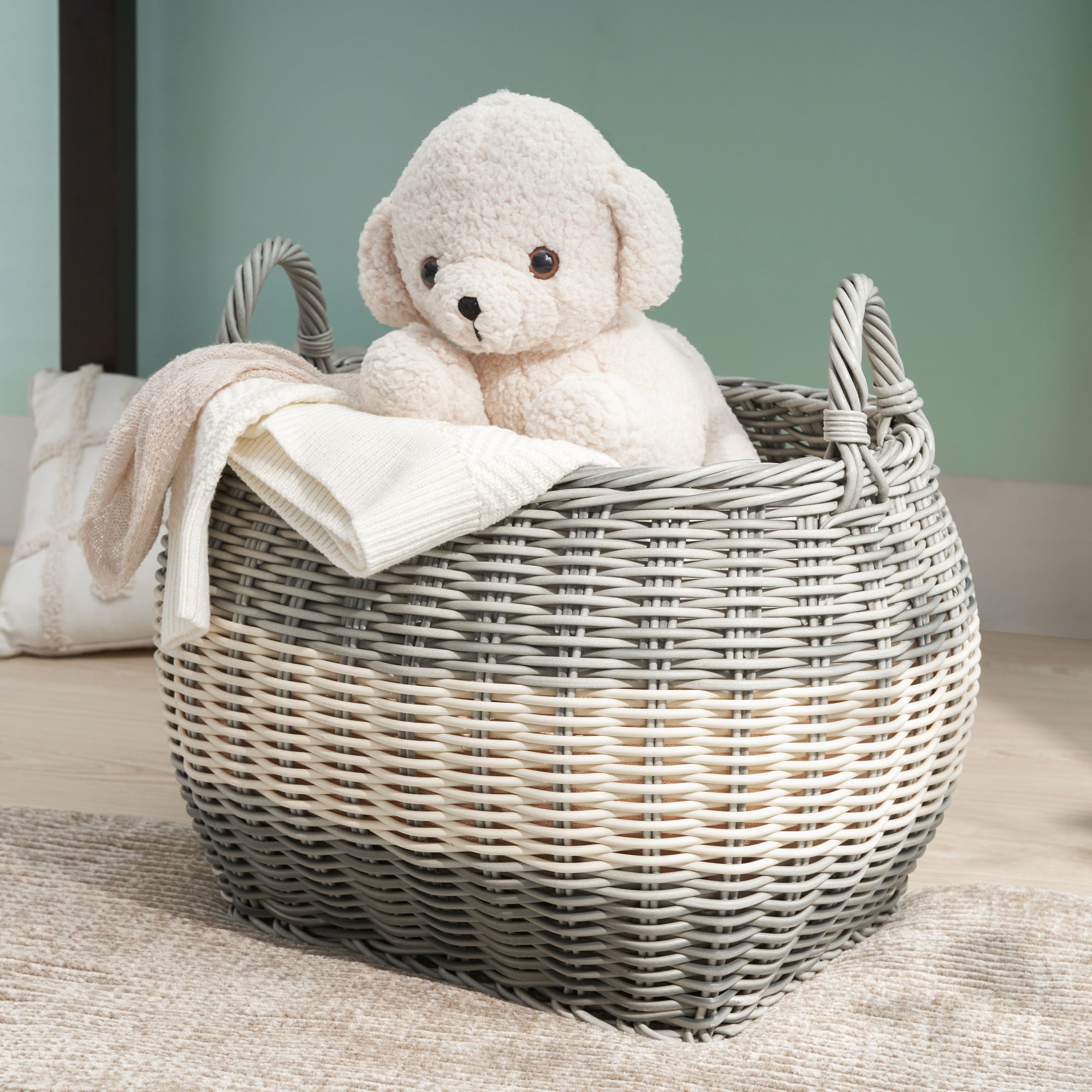 Oval Resin Woven Wicker Multi-Use Storage Basket with Handles