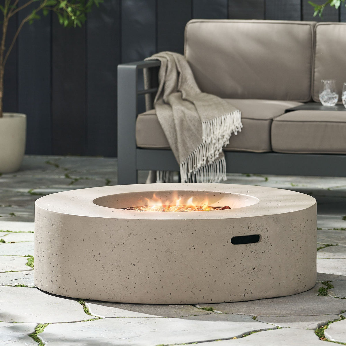 Outdoor 50,000 BTU Round MgO Concrete Propane Fire Pit, Light Grey (Tank Cover not Included) as Pic