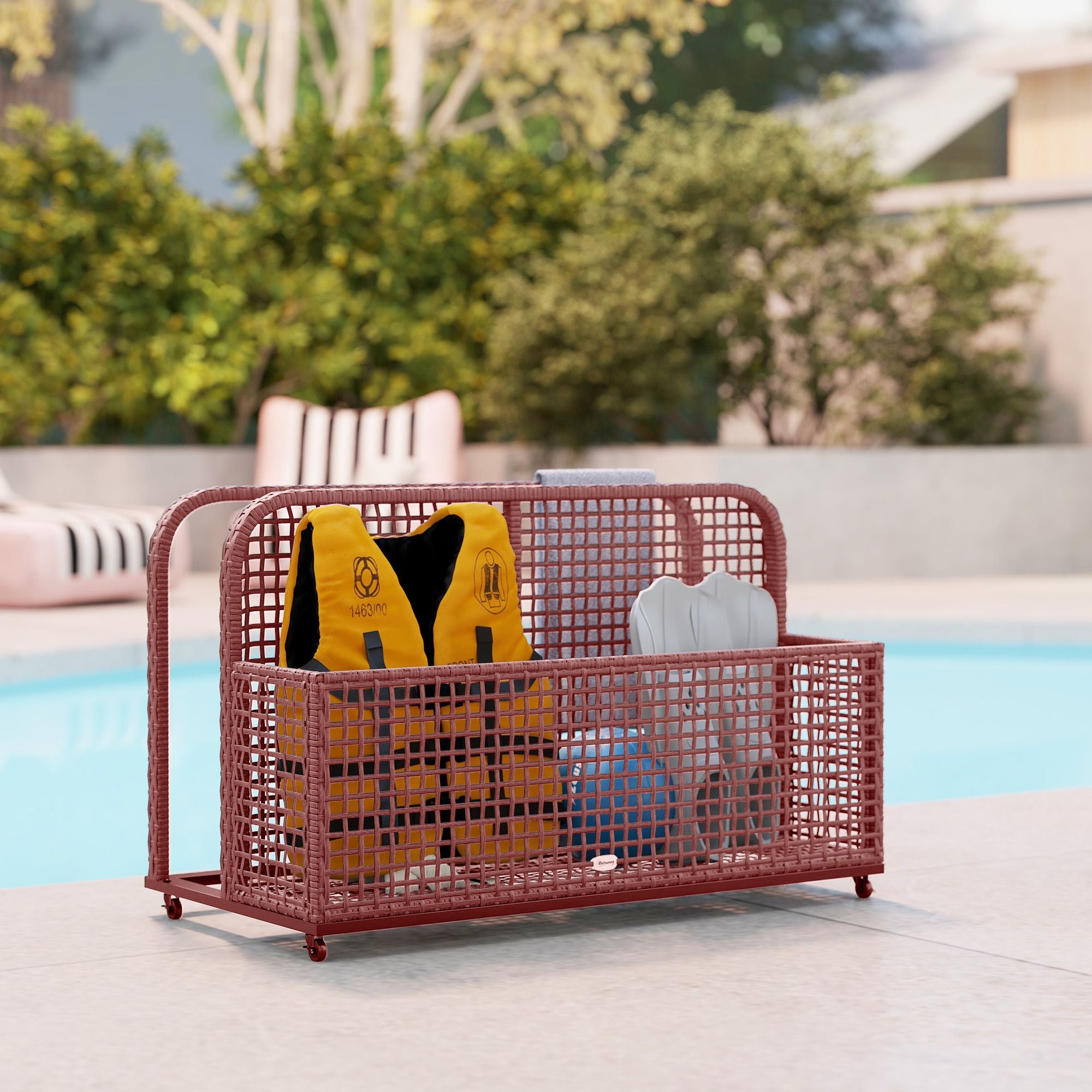 Rattan Pool Float Storage Organizer with Wheels, Mixed Brown