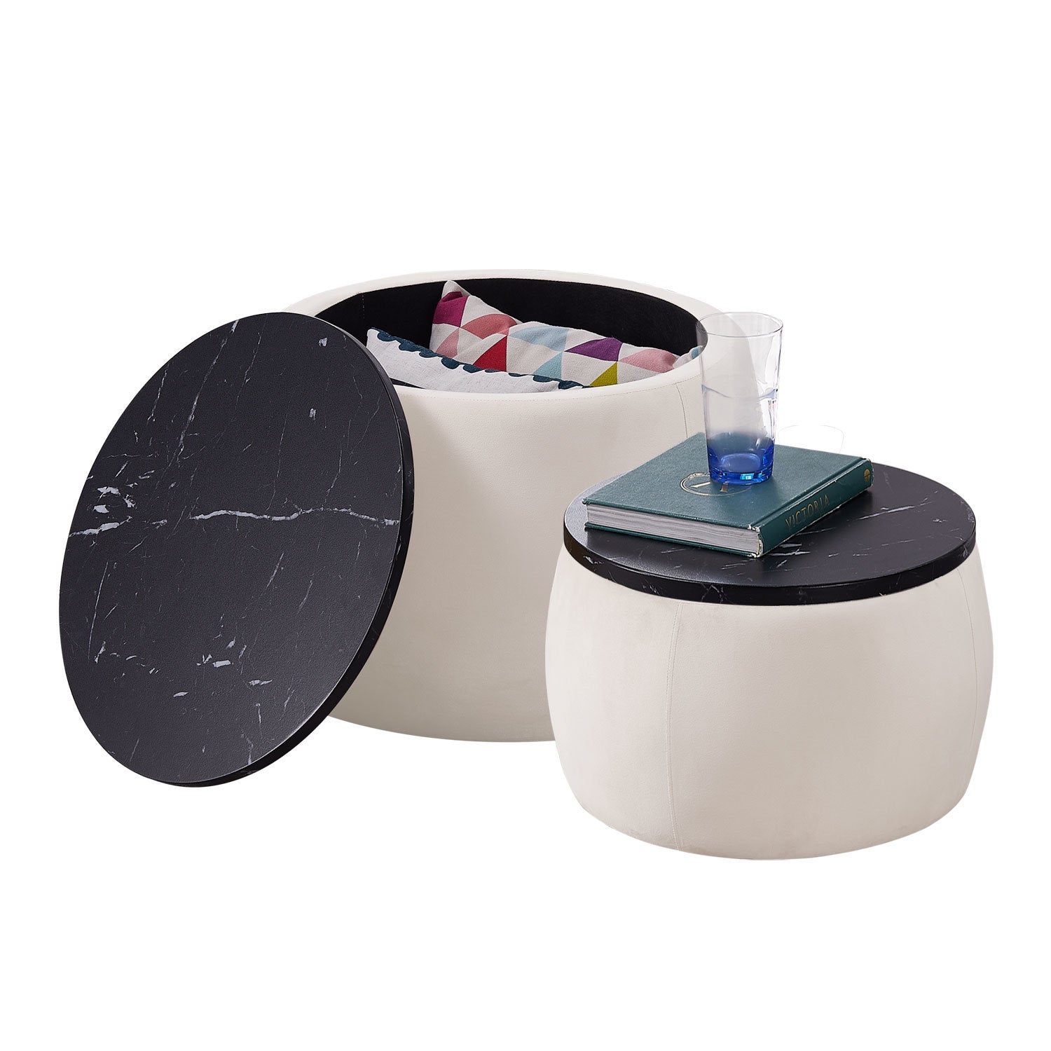 Set of 2 Nesting Round Storage Ottoman Coffee Table Footstool Secondary image