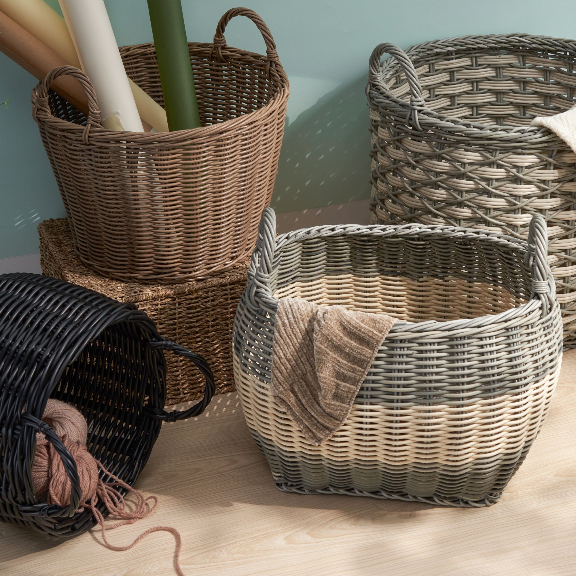 Oval Resin Woven Wicker Multi-Use Storage Basket with Handles