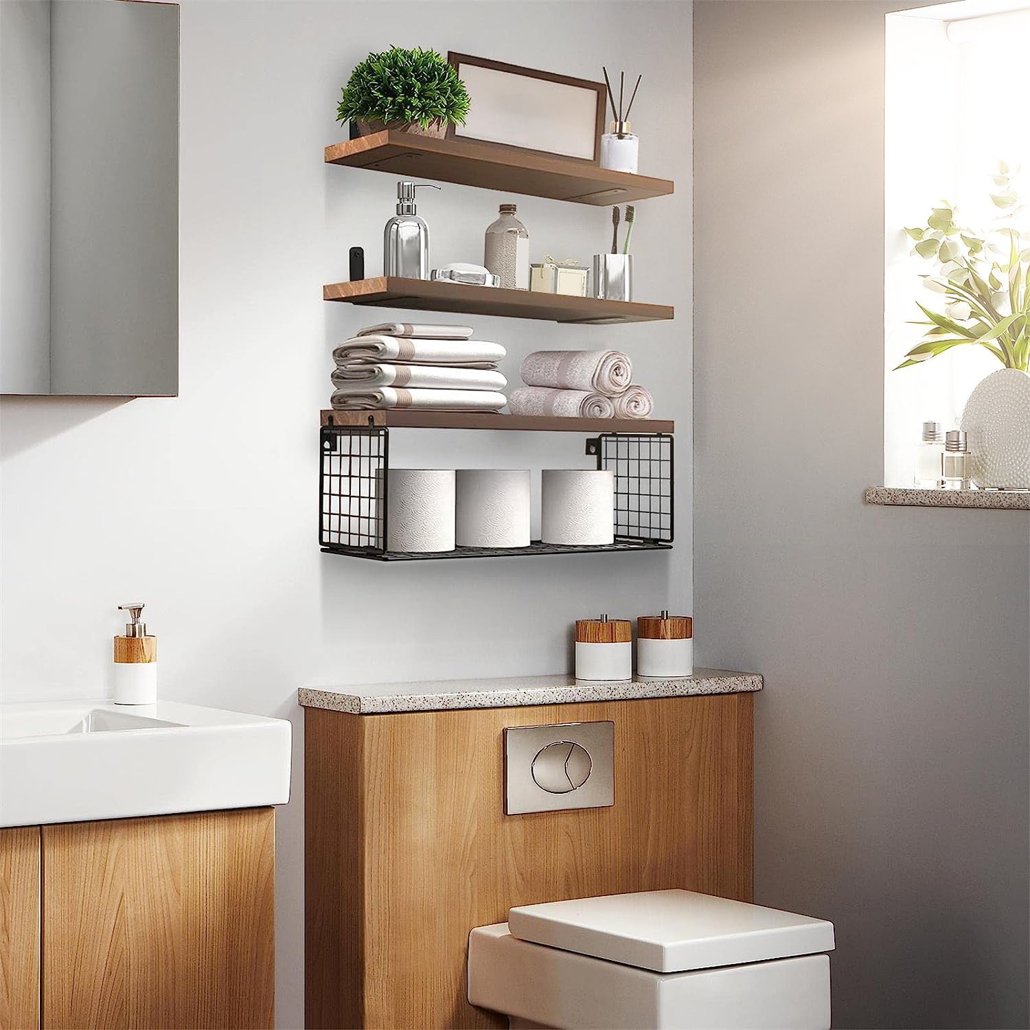 Wall Mounted Floating Shelves with Storage Basket Main image
