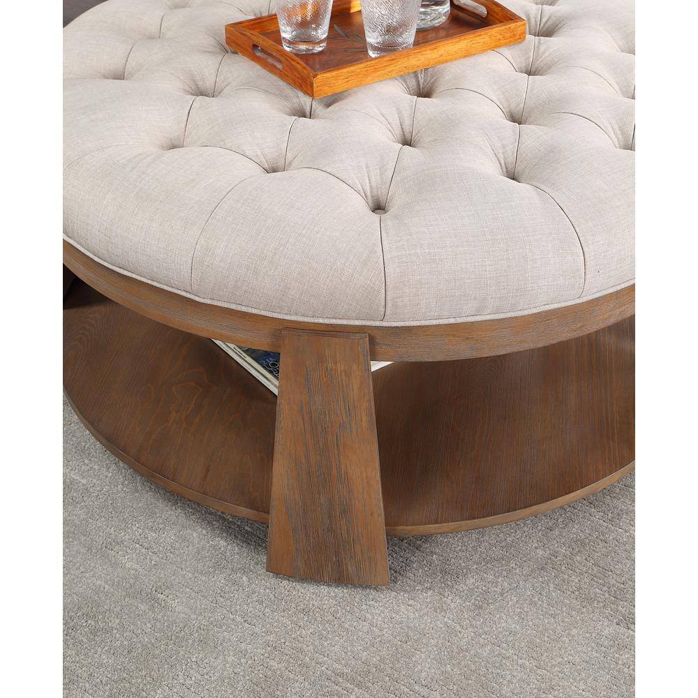 Deep Tufted Ottoman Seat with Open Shelf, Natural Secondary image