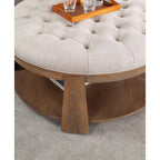Deep Tufted Ottoman Seat with Open Shelf, Natural