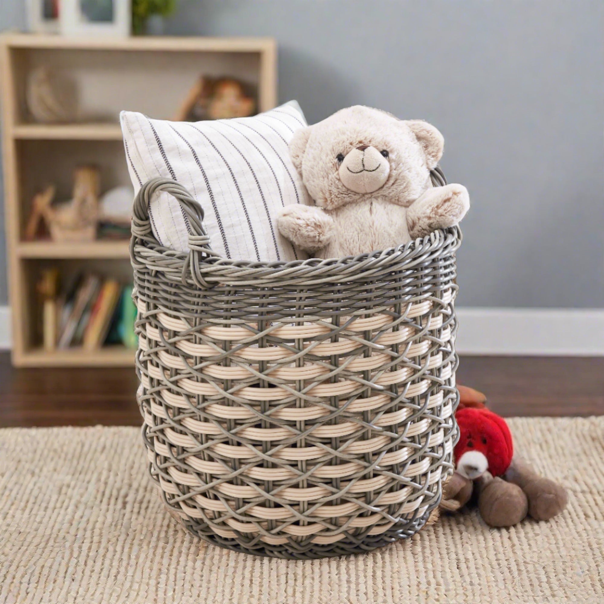 Round Resin Woven Wicker Storage Basket with Handles Secondary image