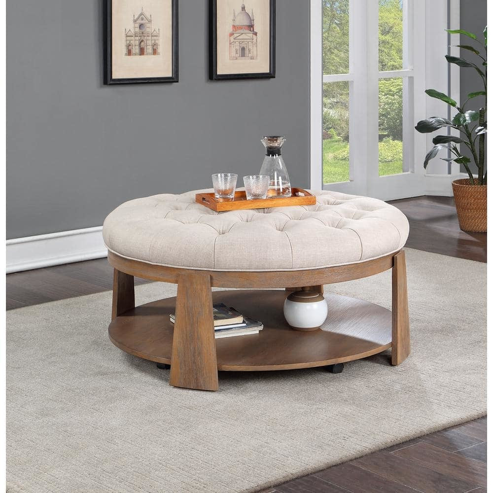 Deep Tufted Ottoman Seat with Open Shelf, Natural