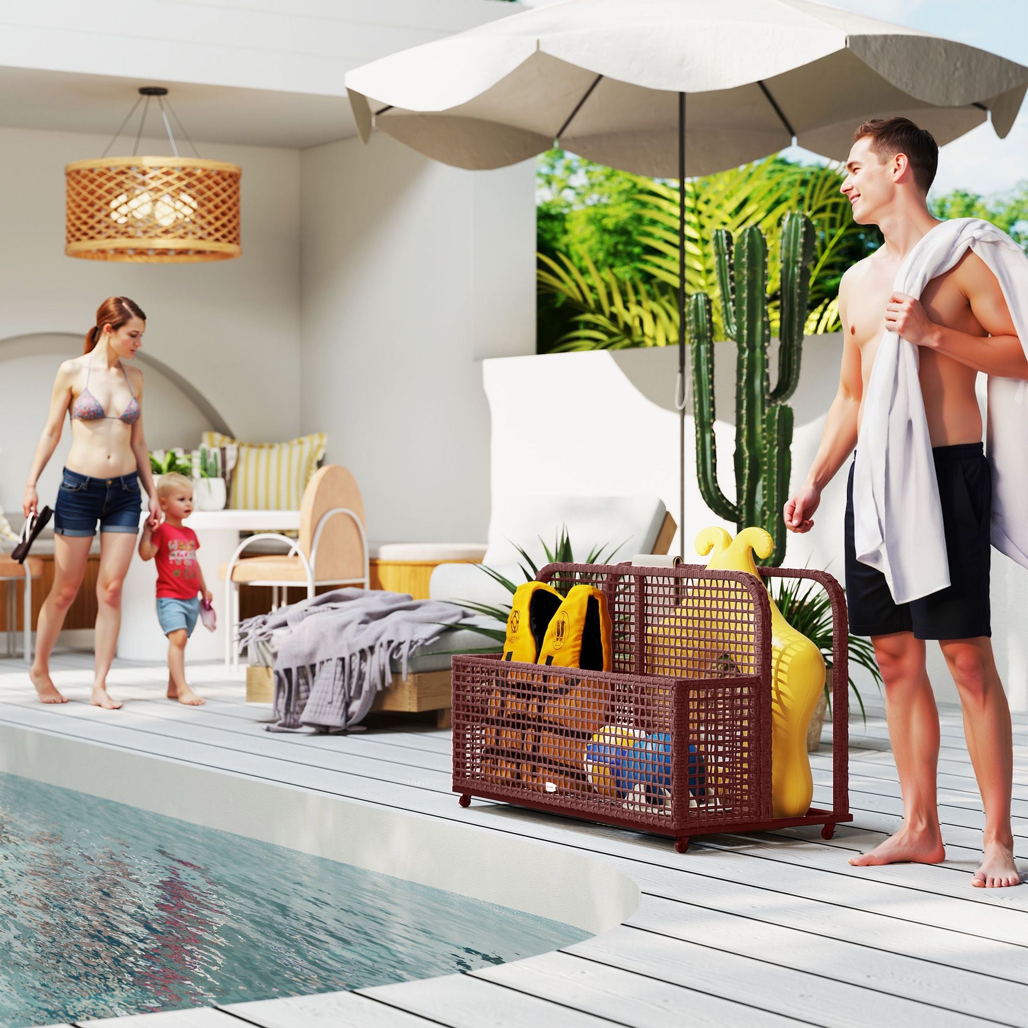 Rattan Pool Float Storage Organizer with Wheels, Mixed Brown Secondary image