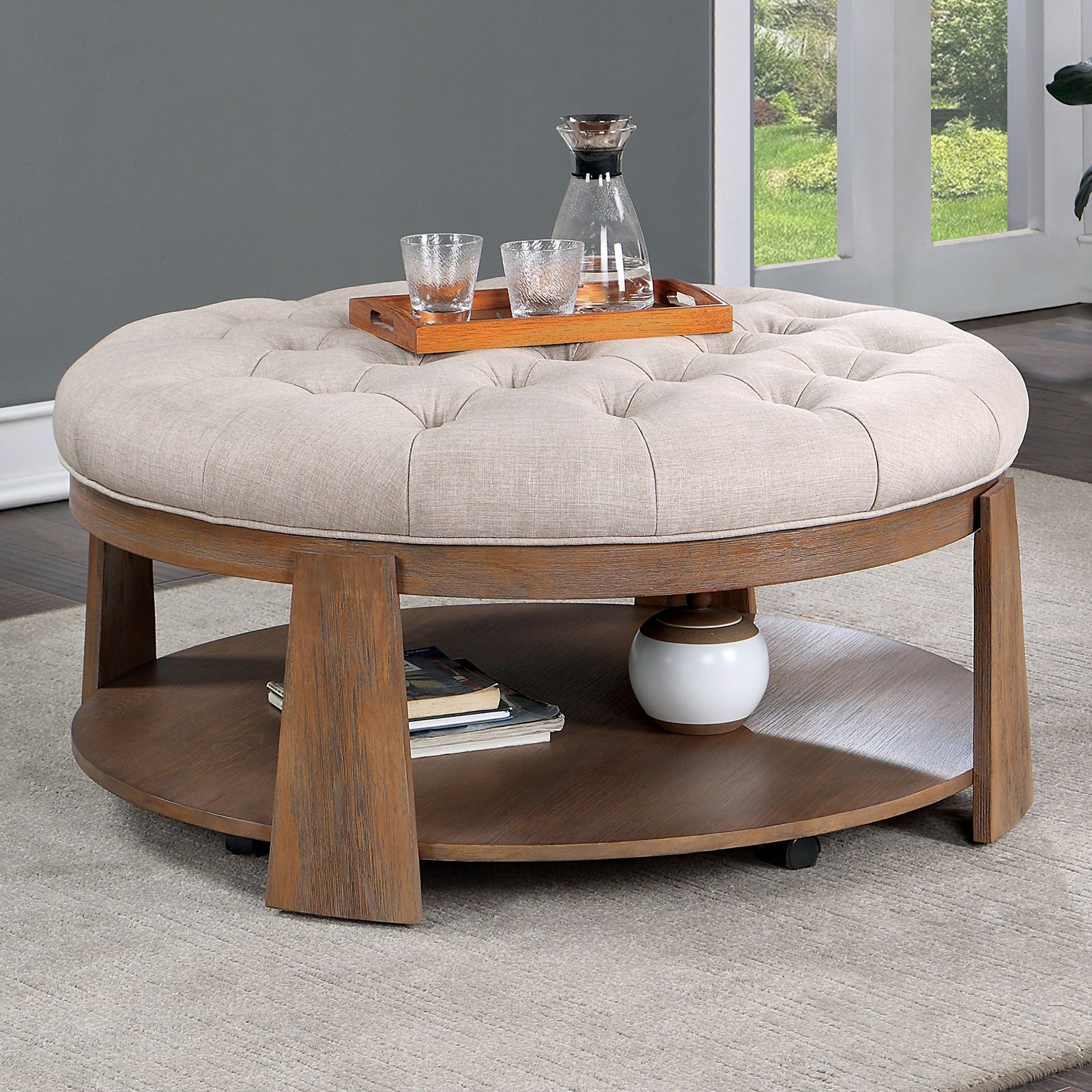 Deep Tufted Ottoman Seat with Open Shelf, Natural Main image