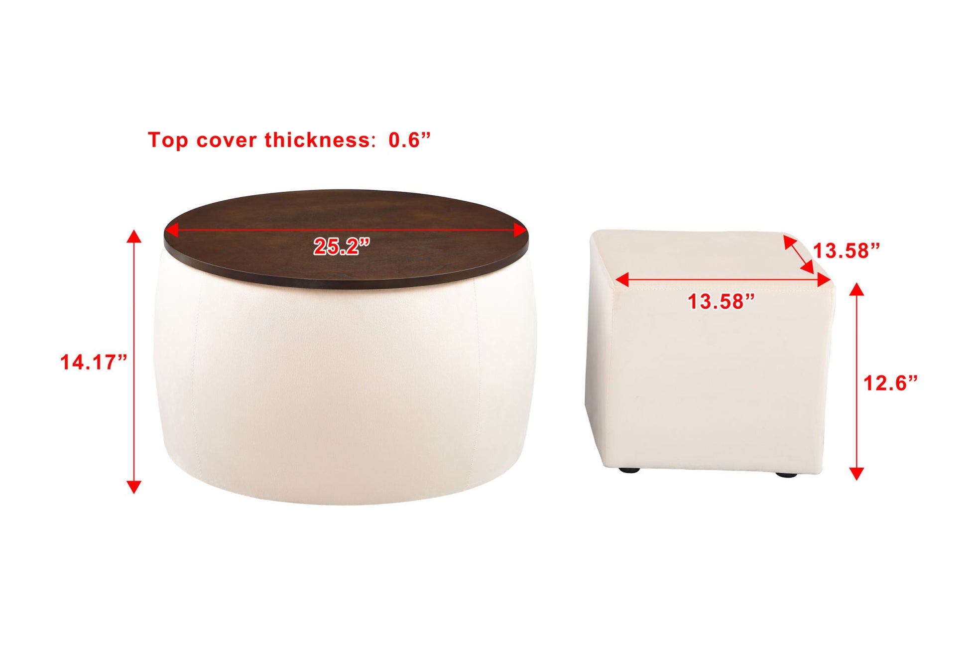 Matching Home Storage Set of Round Ottoman Coffee Table with Square Footstool
