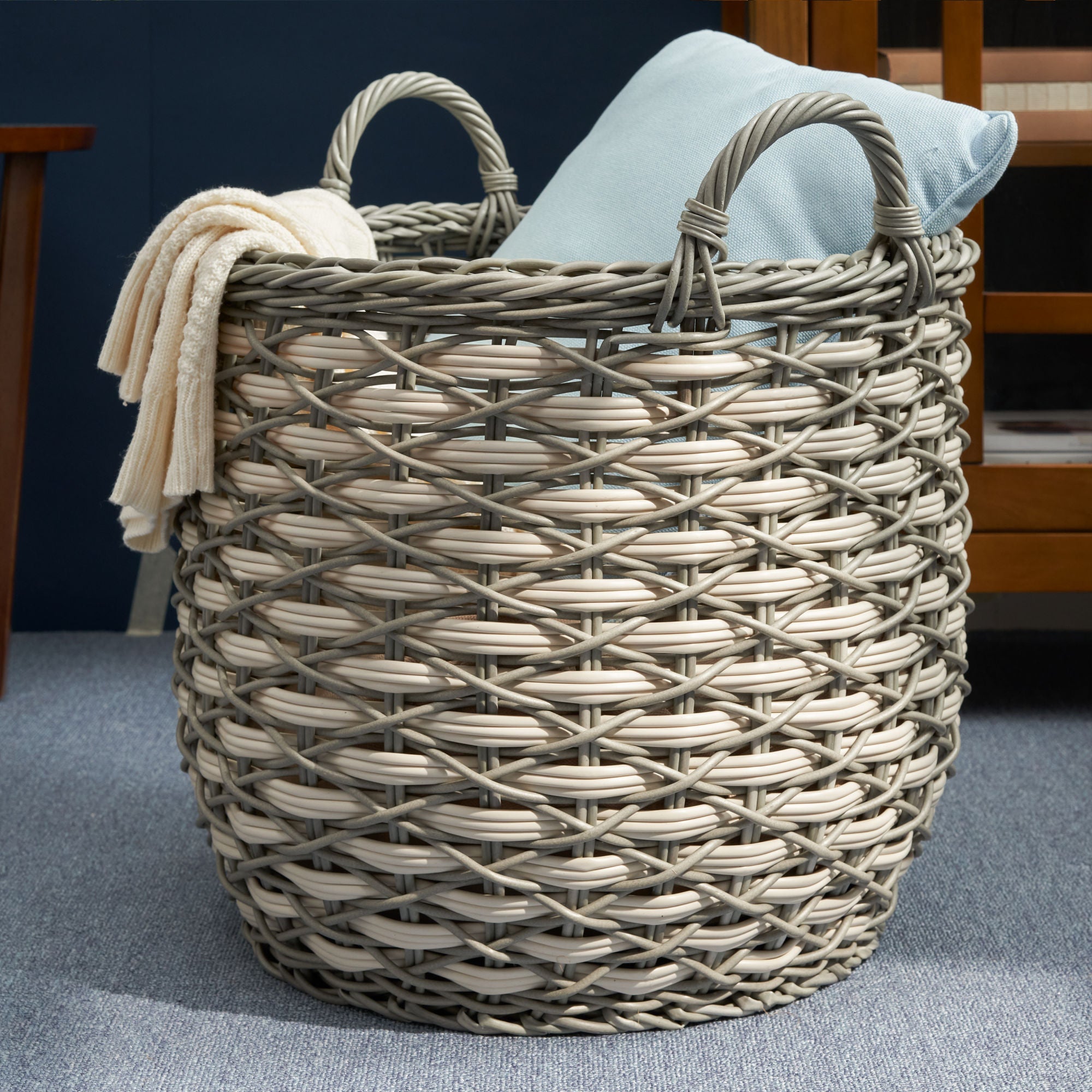 Round Resin Woven Wicker Storage Basket with Handles Main image