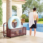 Rattan Pool Float Storage Organizer with Wheels, Mixed Brown