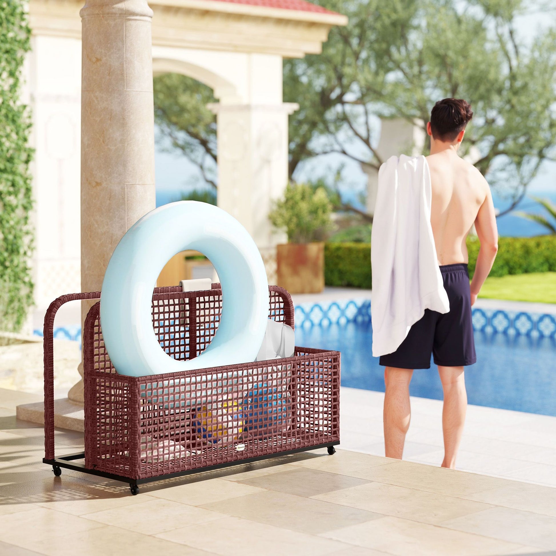 Rattan Pool Float Storage Organizer with Wheels, Mixed Brown