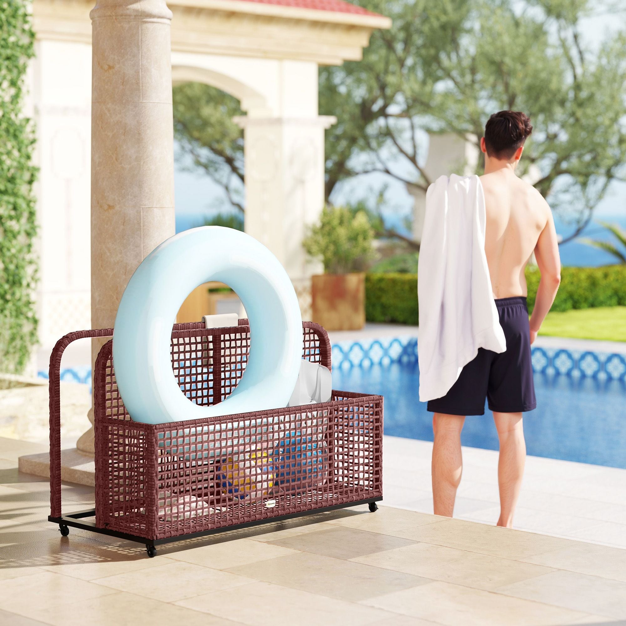 Rattan Pool Float Storage Organizer with Wheels, Mixed Brown