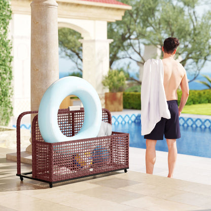Rattan Pool Float Storage Organizer with Wheels, Mixed Brown