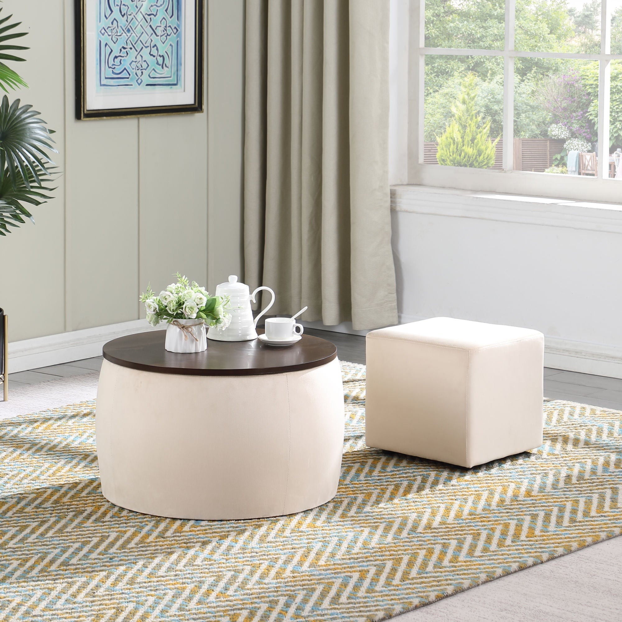 Matching Home Storage Set of Round Ottoman Coffee Table with Square Footstool